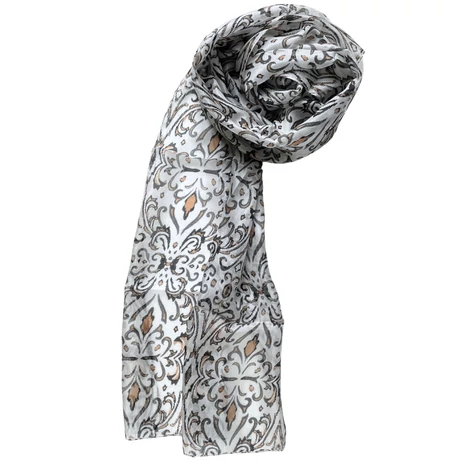 Habfehér alapon bársonyfekete és szépiabarna mintás 100% valódi hernyóselyem sál 50x180 cm