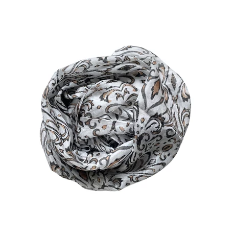 Habfehér alapon bársonyfekete és szépiabarna mintás 100% valódi hernyóselyem sál 50x180 cm