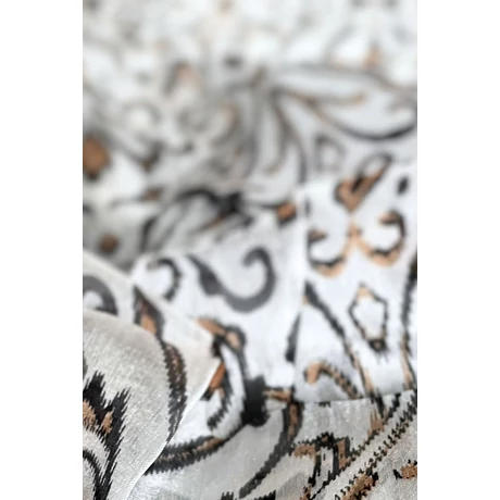 Habfehér alapon bársonyfekete és szépiabarna mintás 100% valódi hernyóselyem sál 50x180 cm