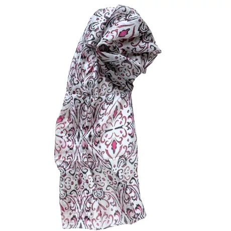 Habfehér alapon bársonyfekete és görögbíbor mintás 100% valódi hernyóselyem sál 50x180 cm