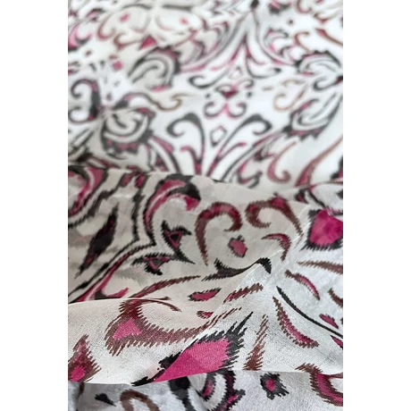 Habfehér alapon bársonyfekete és görögbíbor mintás 100% valódi hernyóselyem sál 50x180 cm