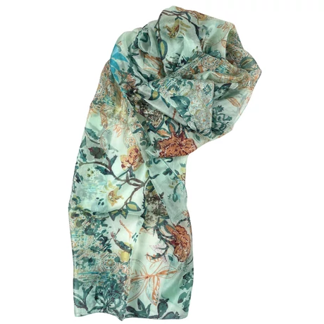 Jégzöld alapon alpesizöld, türkizlék, terrakotta és burgundy mintás 100% valódi hernyóselyem sál 50x180 cm