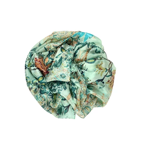 Jégzöld alapon alpesizöld, türkizlék, terrakotta és burgundy mintás 100% valódi hernyóselyem sál 50x180 cm