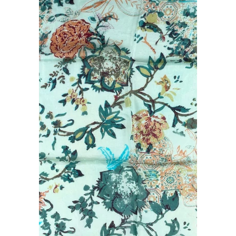 Jégzöld alapon alpesizöld, türkizlék, terrakotta és burgundy mintás 100% valódi hernyóselyem sál 50x180 cm