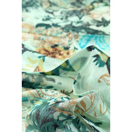 Jégzöld alapon alpesizöld, türkizlék, terrakotta és burgundy mintás 100% valódi hernyóselyem sál 50x180 cm