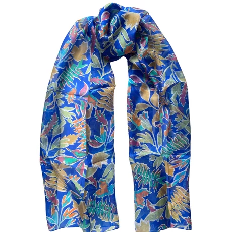 Chartresikék alapon levélmintás 100% valódi hernyóselyem sál 50x180 cm