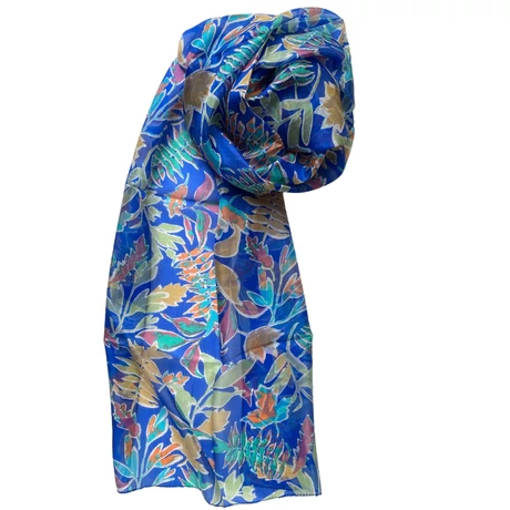 Chartresikék alapon levélmintás 100% valódi hernyóselyem sál 50x180 cm