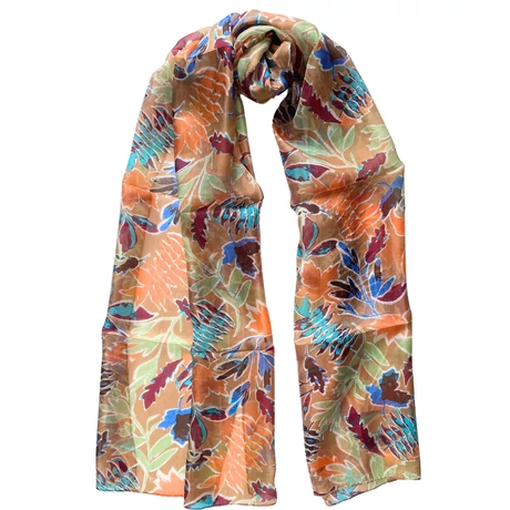 Mandulaszín alapon levélmintás 100% valódi hernyóselyem sál 50x180 cm