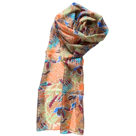 Mandulaszín alapon levélmintás 100% valódi hernyóselyem sál 50x180 cm