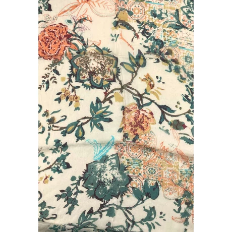 Csontszín alapon petrolzöld, perzsanarancs, burgundy mintás 100% valódi hernyóselyem sál 50x180 cm