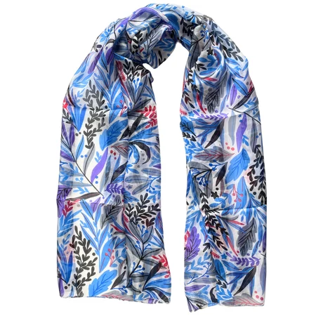 Harmatfehér alapon levélmintás 100% valódi hernyóselyem sál 50x180 cm