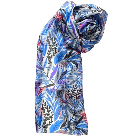 Harmatfehér alapon levélmintás 100% valódi hernyóselyem sál 50x180 cm