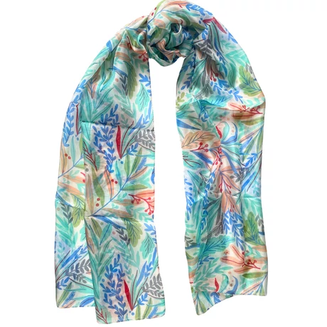 Habfehér alapon levélmintás 100% valódi hernyóselyem sál 50x180 cm