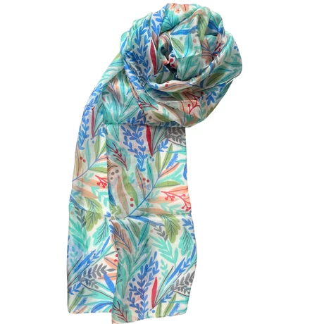 Habfehér alapon levélmintás 100% valódi hernyóselyem sál 50x180 cm