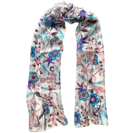 Orchideafehér alapon virágmintás 100% valódi hernyóselyem sál 50x180 cm
