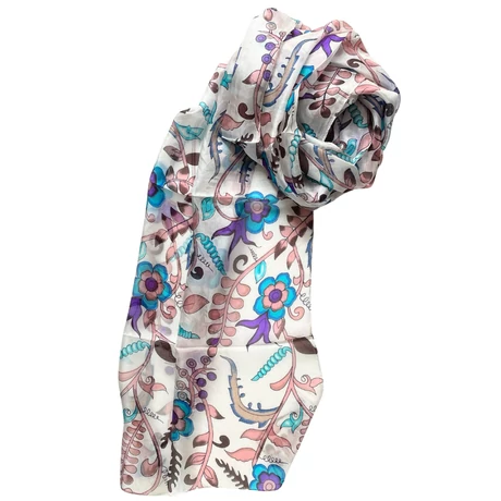 Orchideafehér alapon virágmintás 100% valódi hernyóselyem sál 50x180 cm