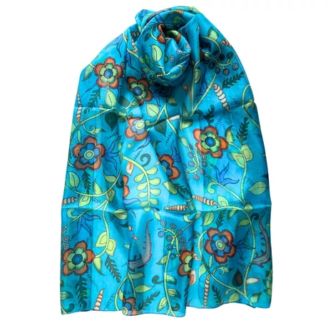 Cölinkék alapon virágmintás 100% valódi hernyóselyem sál 50x180 cm