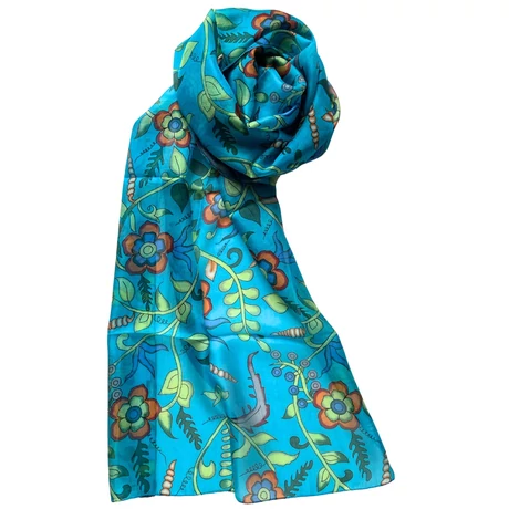 Cölinkék alapon virágmintás 100% valódi hernyóselyem sál 50x180 cm