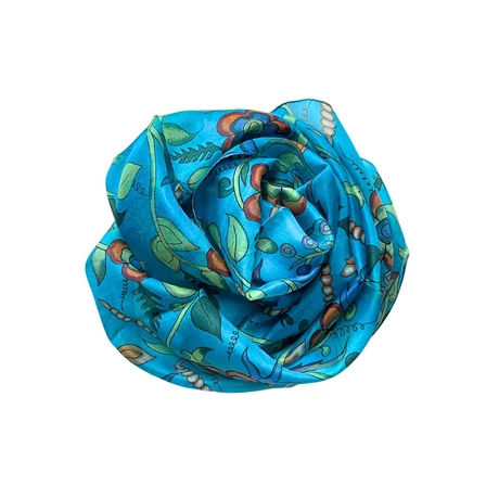 Cölinkék alapon virágmintás 100% valódi hernyóselyem sál 50x180 cm