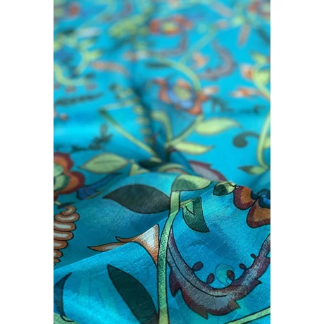 Cölinkék alapon virágmintás 100% valódi hernyóselyem sál 50x180 cm