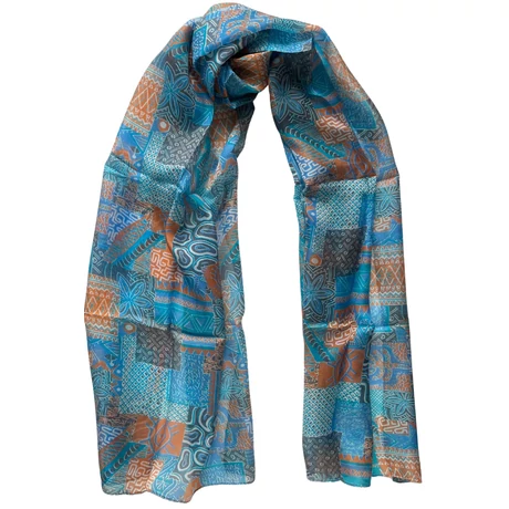 Türkizkék, damaszkuszikék, perzsanarancs, füstkék mintás 100% valódi hernyóselyem sál 50x180 cm