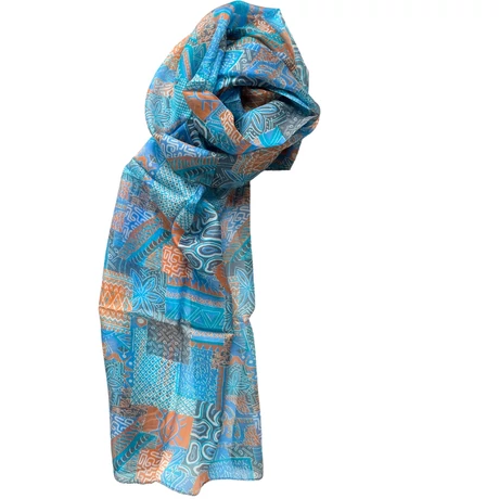 Türkizkék, damaszkuszikék, perzsanarancs, füstkék mintás 100% valódi hernyóselyem sál 50x180 cm