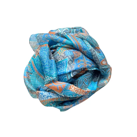 Türkizkék, damaszkuszikék, perzsanarancs, füstkék mintás 100% valódi hernyóselyem sál 50x180 cm