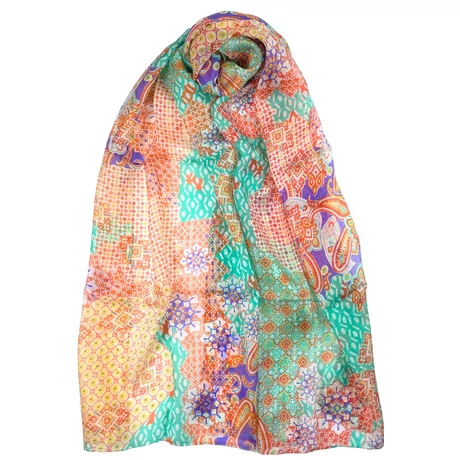 Margarétafehér alapon mintás 100% valódi hernyóselyem sál 50x180 cm