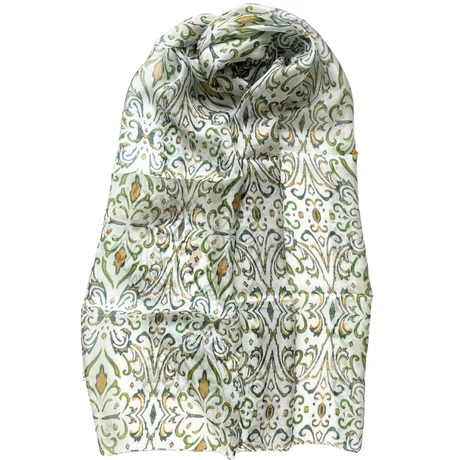 Hermelinfehér alapon szaharasárga és angolzöld mintás 100% valódi hernyóselyem sál 50x180 cm