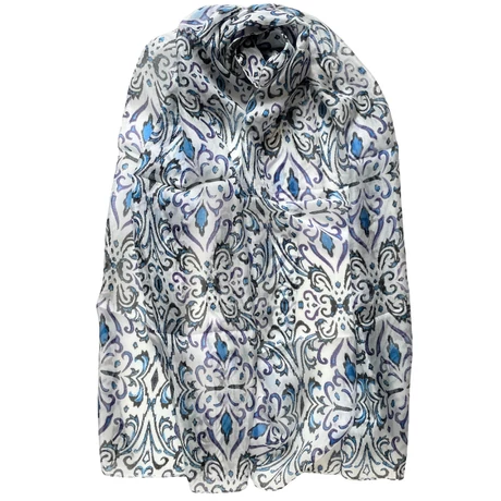 Harmatfehér alapon cölinkék, ametisztlila, ébenfekete mintás 100% valódi hernyóselyem sál 50x180 cm