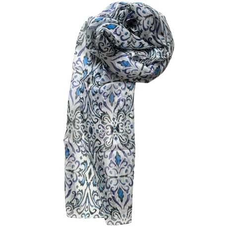 Harmatfehér alapon cölinkék, ametisztlila, ébenfekete mintás 100% valódi hernyóselyem sál 50x180 cm