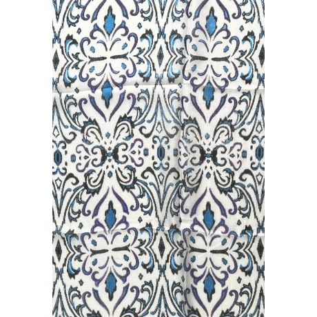 Harmatfehér alapon cölinkék, ametisztlila, ébenfekete mintás 100% valódi hernyóselyem sál 50x180 cm