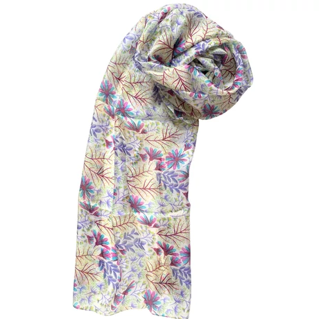 Hófehér alapon virágmintás 100% valódi hernyóselyem sál 50x180 cm