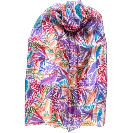 Jázminfehér alapon levélmintás 100% valódi hernyóselyem sál 50x180 cm