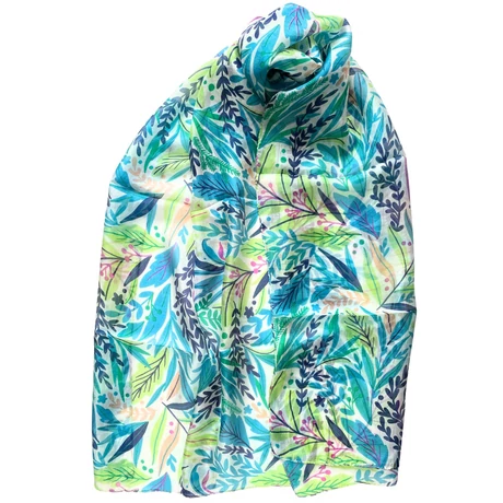 Hermelinfehér alapon levélmintás 100% valódi hernyóselyem sál 50x180 cm