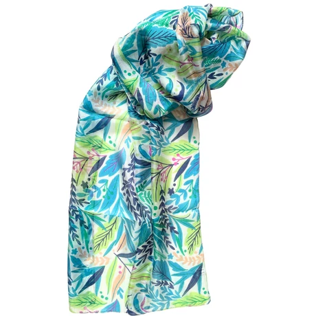 Hermelinfehér alapon levélmintás 100% valódi hernyóselyem sál 50x180 cm