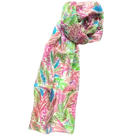 Liliomfehér alapon levélmintás 100% valódi hernyóselyem sál 50x180 cm