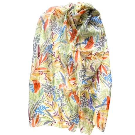 Márványfehér alapon levélmintás 100% valódi hernyóselyem sál 50x180 cm