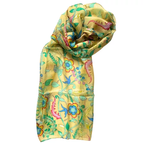 Perui sárga alapon virágmintás 100% valódi hernyóselyem sál 50x180 cm