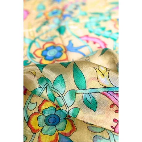 Perui sárga alapon virágmintás 100% valódi hernyóselyem sál 50x180 cm