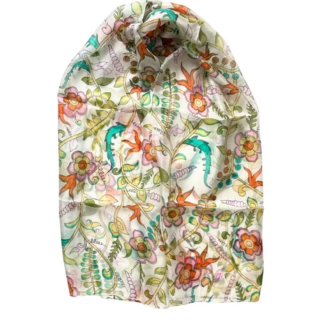 Porcelánfehér alapon virágmintás 100% valódi hernyóselyem sál 50x180 cm