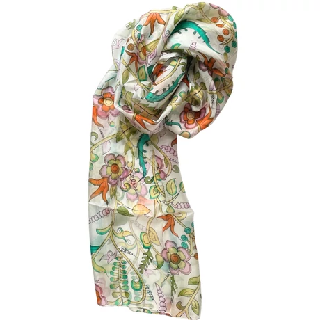 Porcelánfehér alapon virágmintás 100% valódi hernyóselyem sál 50x180 cm