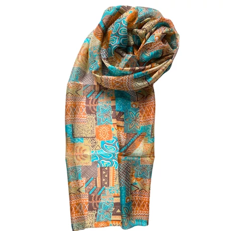 Cölinkék, perzsanarancs és spanyolbarna mintás 100% valódi hernyóselyem sál 50x180 cm