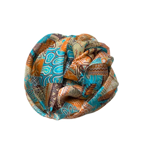 Cölinkék, perzsanarancs és spanyolbarna mintás 100% valódi hernyóselyem sál 50x180 cm