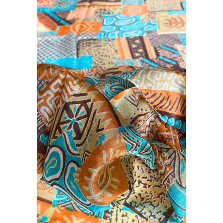 Cölinkék, perzsanarancs és spanyolbarna mintás 100% valódi hernyóselyem sál 50x180 cm