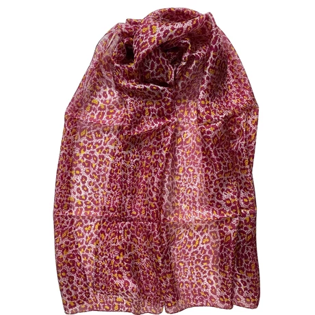 Leopárdmintás burgundyvörös és császársárga színű 100% valódi hernyóselyem sál 50x180 cm