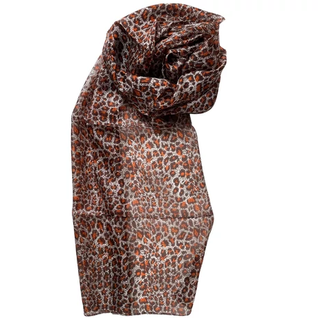 Leopárdmintás spanyolbarna és narancsvörös színű 100% valódi hernyóselyem sál 50x180 cm