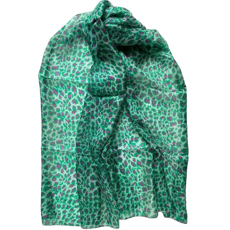 Leopárdmintás ásványzöld és rhodaminebíbor színű 100% valódi hernyóselyem sál 50x180 cm