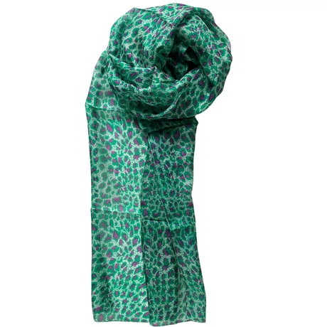 Leopárdmintás ásványzöld és rhodaminebíbor színű 100% valódi hernyóselyem sál 50x180 cm