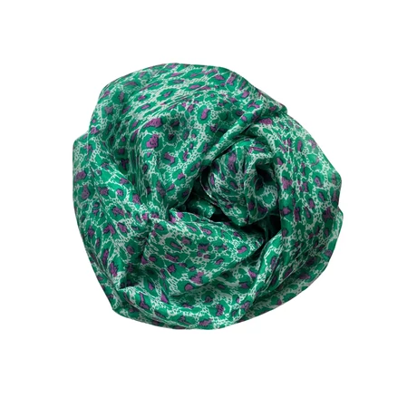 Leopárdmintás ásványzöld és rhodaminebíbor színű 100% valódi hernyóselyem sál 50x180 cm